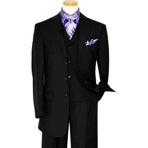 Luciano Carreli Collection Solid Black With Black Hand-Pick Stitching Super 150'S Vested Suit 6289-4282